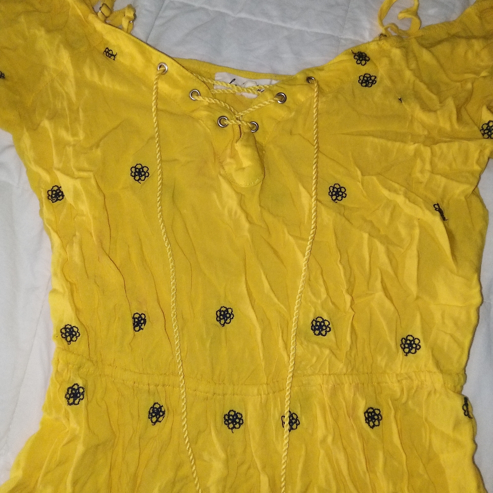 Yellow romper with Black Floral Embroidery